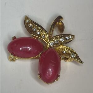 Gold tone and Red Acrylic Berry Brooch with Rhinestone Leaf Accents